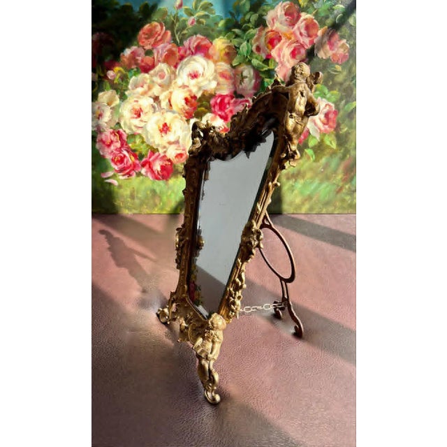 Antique Italian Rococo-Style Table Mirror With Gilded Metal Frame, Featuring Putti (Cherubs) Decor and Floral Painting For Sale In Los Angeles - Image 6 of 13