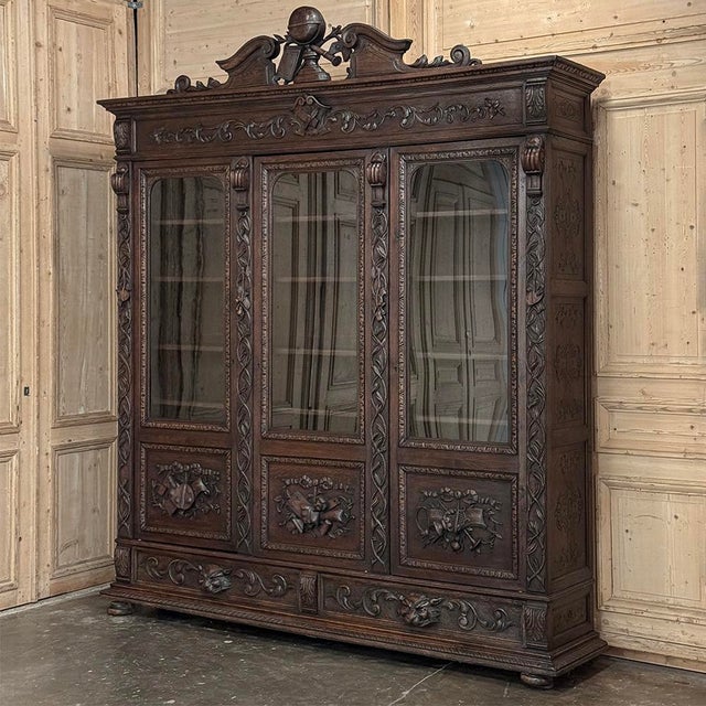 Renaissance 19th Century Renaissance Revival Hand-Carved Oak Triple Bookcase For Sale - Image 3 of 18