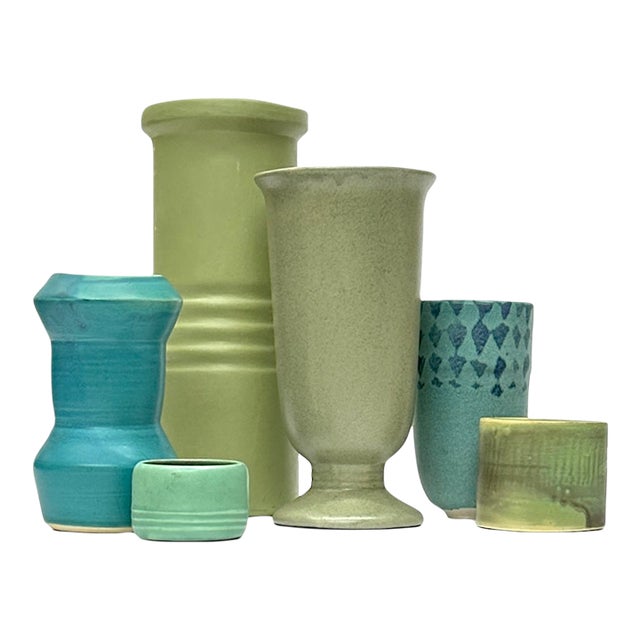 Turquoise & Olive Artisanal Chunky Pottery Vessel Curation - Group of 6 For Sale