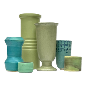 Turquoise & Olive Artisanal Chunky Pottery Vessel Curation - Group of 6