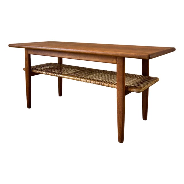 1960s Danish Teak Coffee Table With Woven Cord Lower Shelf For Sale