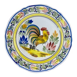 Vintage Hb Quimper Hand Painted Rooster Plate | French Faience Coq, Brittany Pottery For Sale
