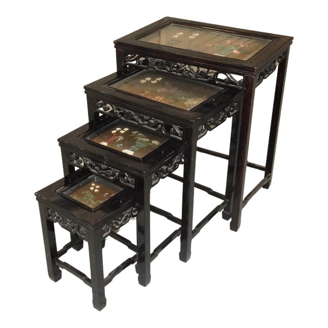 Vintage Oriental Asian Black Nesting Tables W Decorative Table Tops ~ Set of Four For Sale