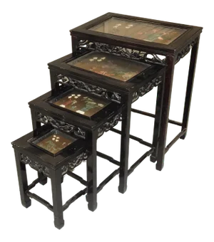 Vintage Oriental Asian Black Nesting Tables W Decorative Table Tops ~ Set of Four