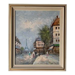 Vintage Parisian Street Scene Oil on Canvas Painting by Burnett