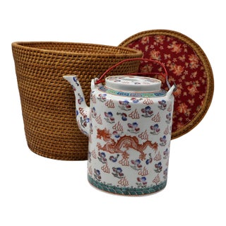 Antique Chinese Dragon & Phoenix Porcelain Teapot With Fitted Warming Basket For Sale