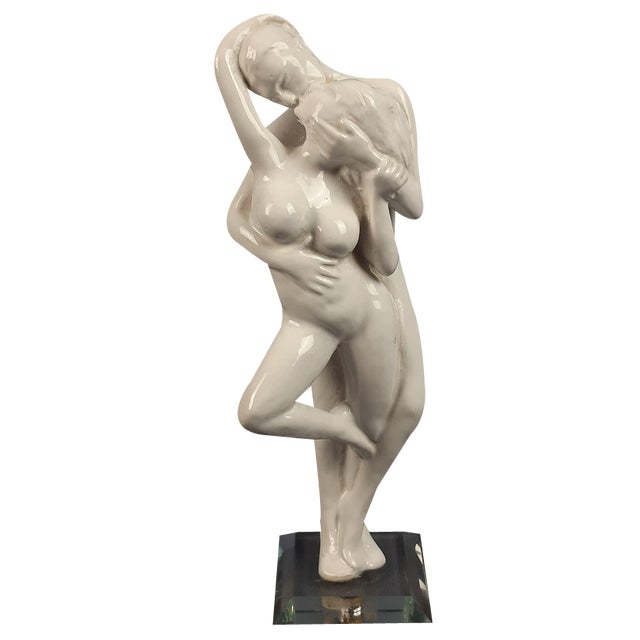 Vintage Ceramic Sculpture of Couple in Love with Glass Base, 1970s For Sale