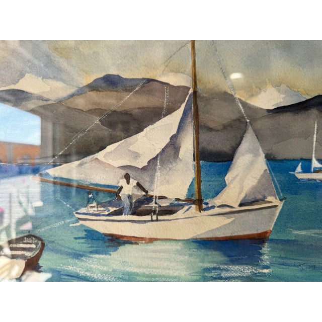 1970's Vintage Watercolor Fishing Boat Nautical Landscape Painting, Framed For Sale - Image 10 of 11