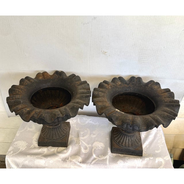 Antique Unique RARE decorative pair of cast iron planters With inserts 10 inches high 13 inches diameter