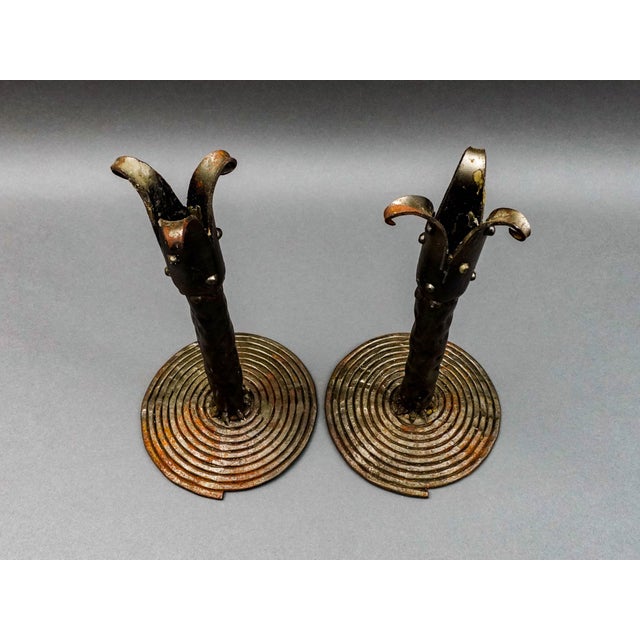 Vintage Brutalist Studio Iron Metal Art Candlestick Holders - a Pair For Sale - Image 4 of 8
