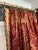 English Custom Made Designer Drapery Red Panels Linen Gold Damask Pinch Pleat , Interlined 68 X 94 Pair,Tiebacks New For Sale - Image 3 of 11