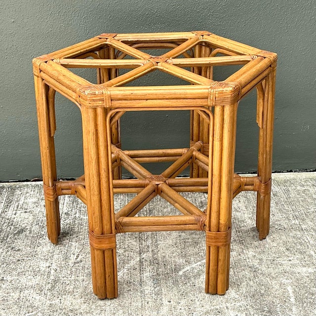 Wood Vintage Rattan Hexagon Dining Table Pedestal For Sale - Image 7 of 12