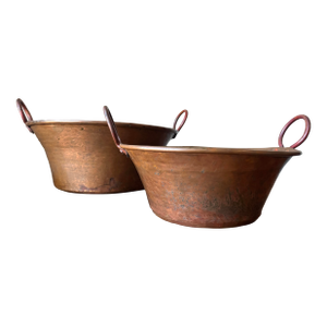 Set of 2 - Antique Hammered Copper Kettle Pot, Jam Pot or Pan With Handles