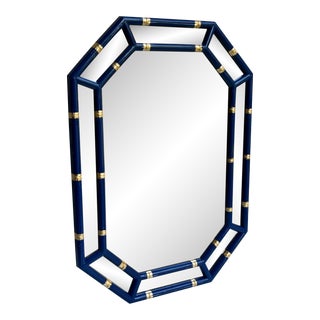 Vintage Palm Beach Regency Faux Bamboo Newly Painted Blue and Gilded Octagonal Wall Mirror For Sale