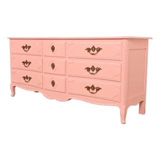 Baker Furniture French Provincial Louis XV Pink Lacquered Nine-Drawer Dresser, Newly Refinished For Sale