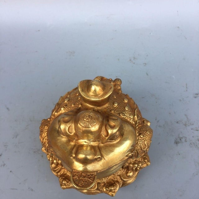 Bronze Gilt Bronze Toad Statue With Coin Accents and Inscribed Base For Sale - Image 8 of 9