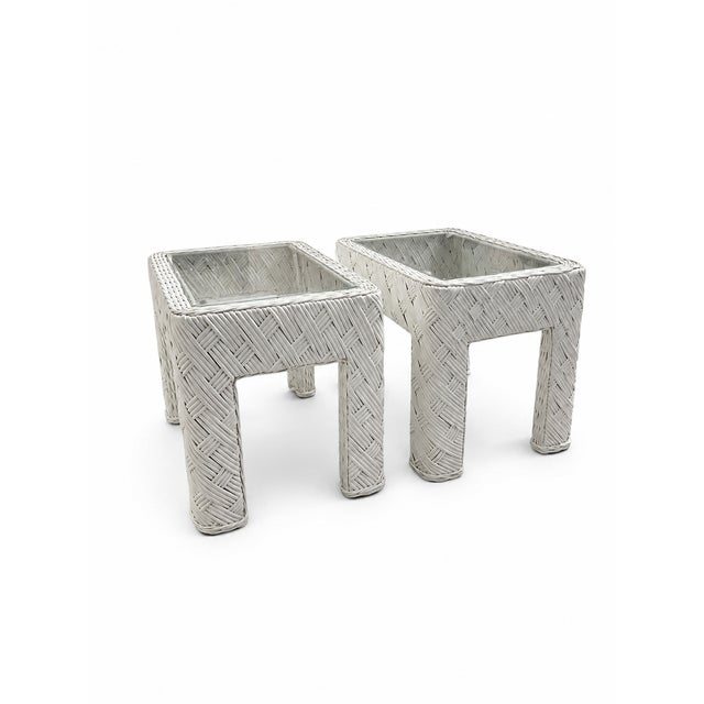 1980s 1980s Coastal White Woven Rattan Glass-Top Side Tables—Pair For Sale - Image 5 of 7