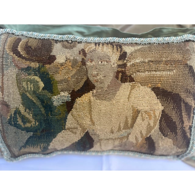 Pillow With 18th Century Tapestry Depicting a Man Figure For Sale - Image 4 of 9