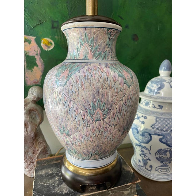 Chinoiserie Vintage Frederick Cooper 1980s Pastel Peacock Chinoiserie Lamp For Sale - Image 3 of 10