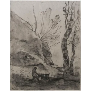 1959 After Jean-Baptiste-Camille Corot "Shepherd With a Goat", Vintage Hungarian Print