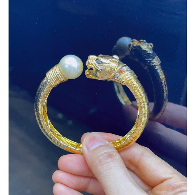 Bochic “Orient” Vintage Pearl & Sapphire Dragon Bangle Set In 18K Gold & Silver For Sale - Image 9 of 10