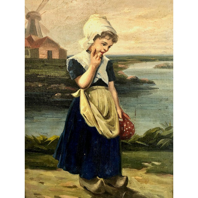 This twentieth-century oil on canvas painting depicts a traditional Dutch country genre scene complete with a quiet...