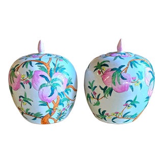 Vintage White & Pink Oriental Ginger Jars a Pair For Sale