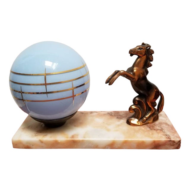 French Art Deco Horse Table Lamp with Blue Glass Globe and Veined Marble Base, 1920s For Sale