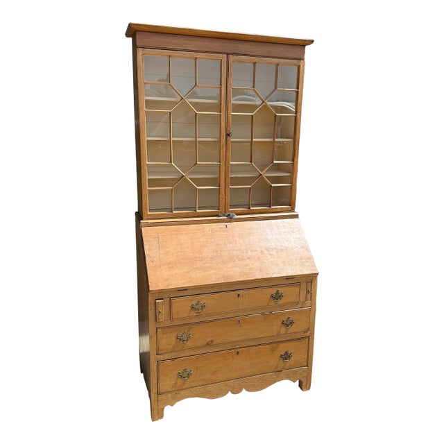 Mid 20th Century Pine Slant Front Secretary Desk With Bookcase For Sale