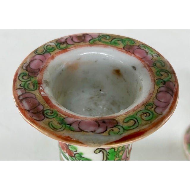 Rose Pair of Antique Chinese Rose Medallion Porcelain Candlesticks For Sale - Image 8 of 12