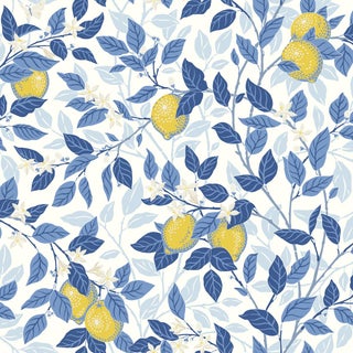 SAMPLE - Boråstapeter Citronträd Wallpaper In Blue And Yellow For Sale