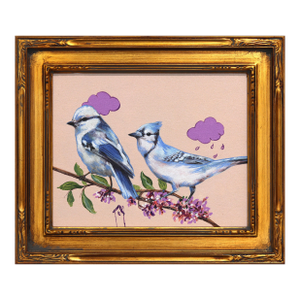 A Home in the Woods - Romantic Bird Painting in Gold Frame Original Artwork by Carlos Gamez De Francisco