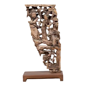 Chinese Shanxi 1840s Hand Carved Wooden Corbel with Deities Mounted on Base