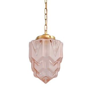 Art Deco Skyscraper Pendant Light in Frosted Pink Glass, 1920s For Sale