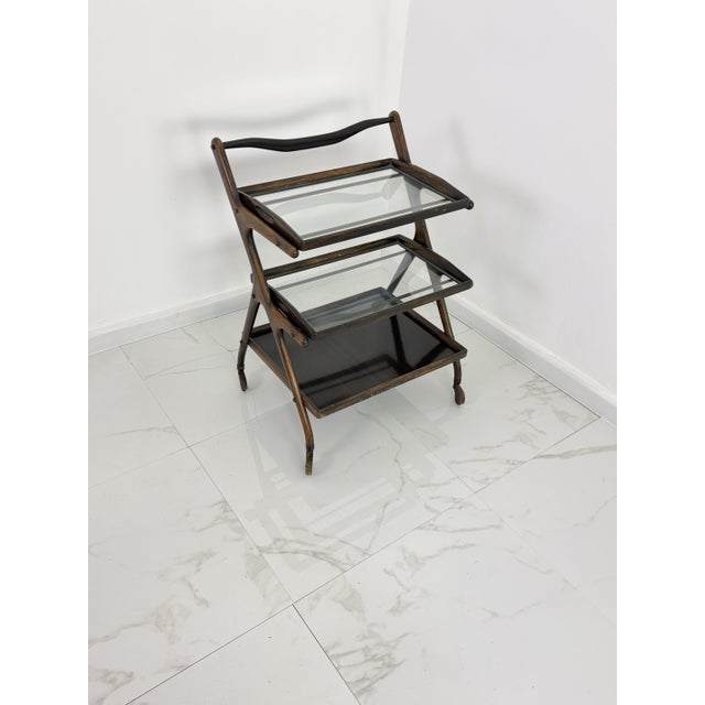 Wood Walnut and Brass Bar Trolley in the style of Cesare Lacca, 1950s For Sale - Image 7 of 12