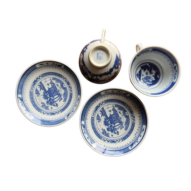 1970s St of 4 Jingdezhen Zhi,Pagoda Blue/Wht., Porcelain Tea Cups and Saucers For Sale - Image 4 of 4