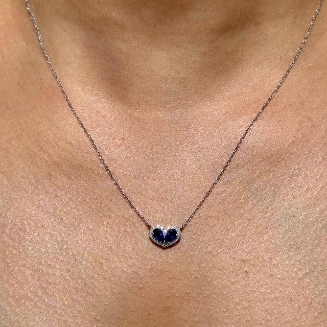 Natural Twin Sapphire and Diamond Heart Necklace in 14k White Gold For Sale - Image 10 of 15