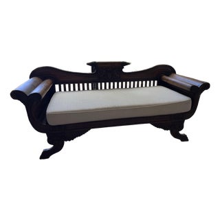 Antique Anglo-Indian Carved Wood Daybed With Cushion. For Sale