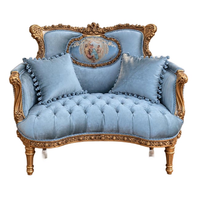 1920 French Artisan Louis XVI Gold Beech Velvet Settee For Sale