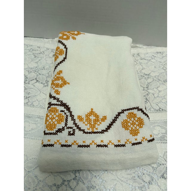 Alabaster Vintage Embroidered Cross Stitch Tablecloth For Sale - Image 8 of 8