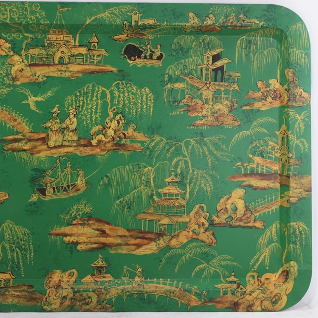 Emerald Vintage Hand Painted Chinoiserie Tole Tray Emerald Green and Gold Lacquer Rectangular Serving Tray For Sale - Image 8 of 16
