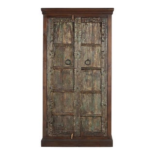 Distressed Blue Teak Wood Repurposed Door Tall Bedroom Armoire | Solid Wood Cupboard For Sale