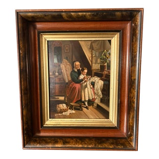 Framed Oil on Board Depicting "Woman Teaching Granddaughter to Saw", Mid-20th Century For Sale