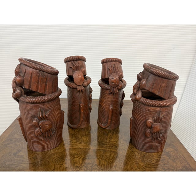 Wood Chinese Antique Bamboo Hand Carved Basket Crab Decorative Brush Pots, Set of 4 For Sale - Image 7 of 12