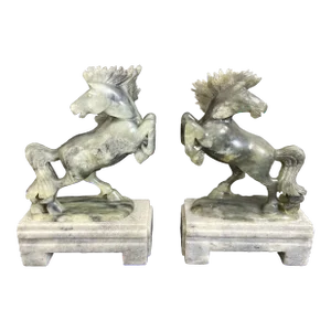 Vintage Chinese Fine Carving Soapstone Running Horse Statues - a Pair