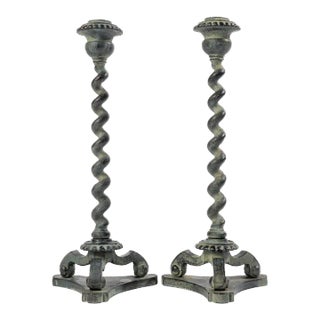 Pair of Mid 20th Century Virginia Metalcrafters Barley Twist Candlesticks For Sale