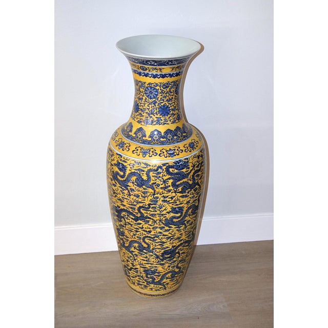 Ceramic 1920s Chinese Yellow-Ground Blue and White Dragon Floor Vase With Apocryphal Kangxi Mark For Sale - Image 7 of 12