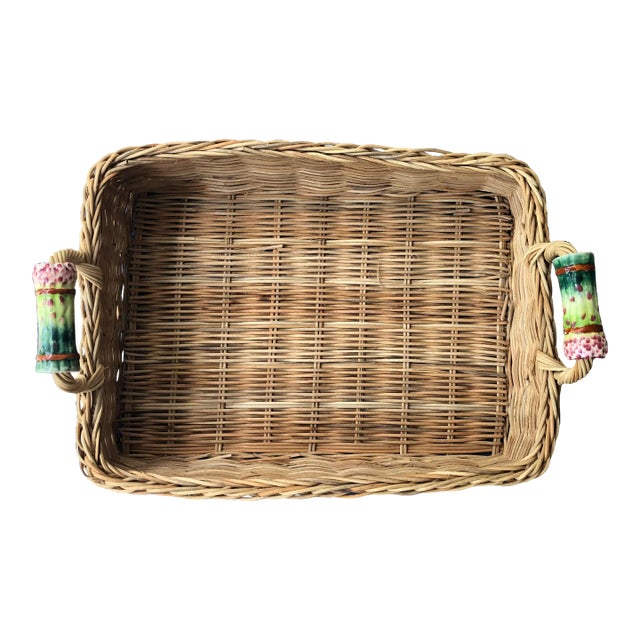 1980s Rattan Tray Basket With Porcelain Asparagus Handles For Sale