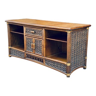 American Rattan Tahiti Media Console or Credenza With Leather Wrapped Joints For Sale