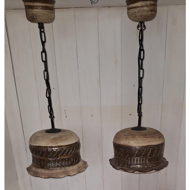Handmade Rustic Vintage Ceiling Lamps from the 1970s Made of Beige-Brown Ceramic on a Black Iron Chain, Set of 2, in Very...